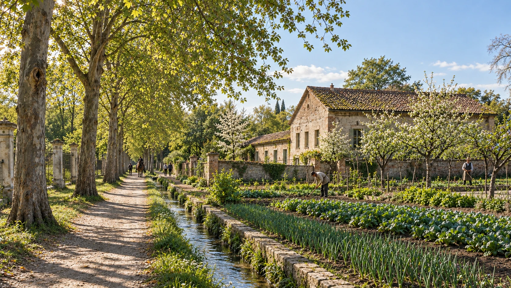 Paisaje histórico con vegetación, acequia y edificaciones tradicionales